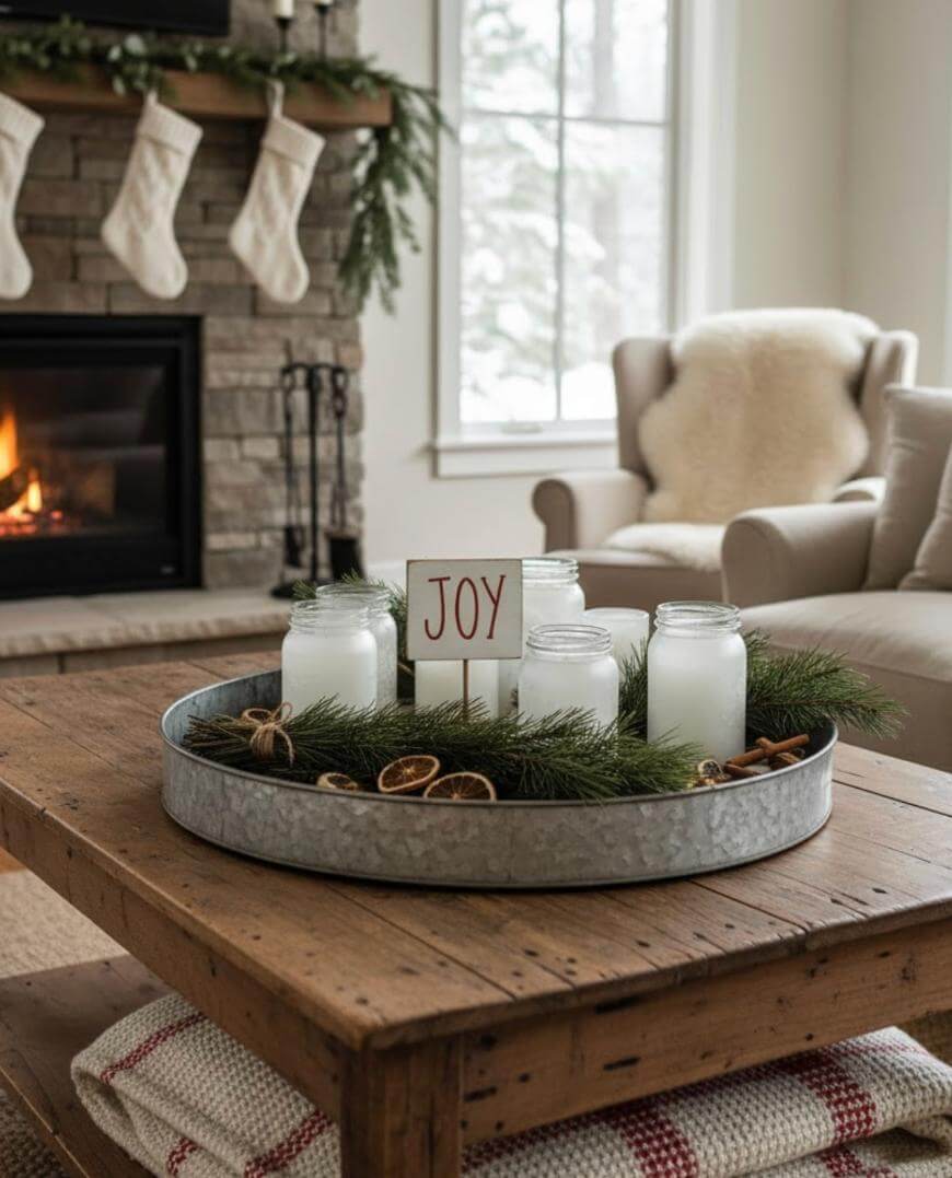 A cozy living room with a wooden coffee table holding a round tray with candles, pine branches, dried orange slices, and a sign that says JOY. In the background, a fireplace and stockings are visible.