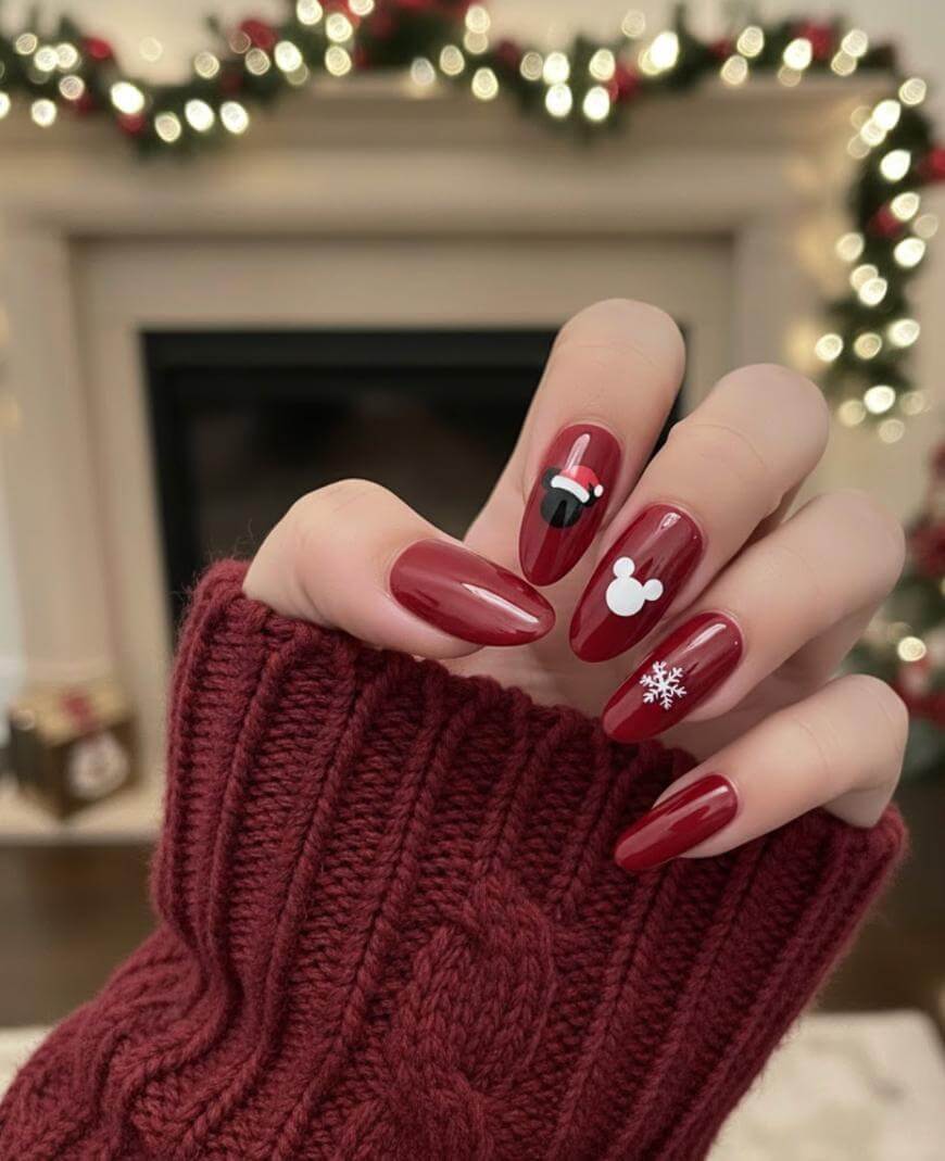 A hand with long, red, festive nails featuring designs of a Santa hat, Mickey Mouse silhouette, and a white snowflake. The person is wearing a burgundy sweater, with holiday lights blurred in the background.