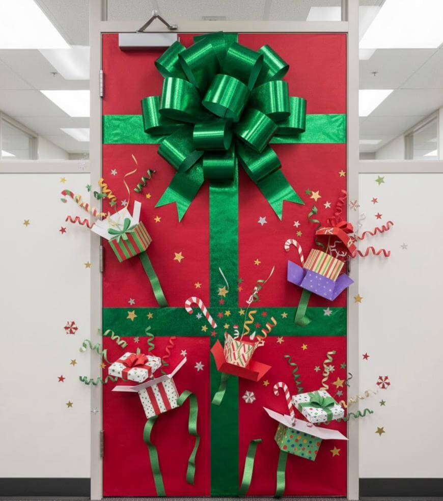 A door decorated like a giant gift with red wrapping paper, a large green bow, and ribbon. Colorful 3D presents with curly ribbons and stars are attached, creating a festive holiday display.