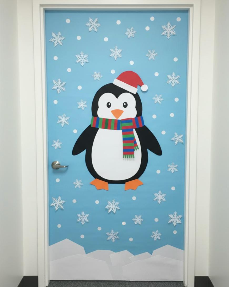 A door decorated with a large cartoon penguin wearing a red Santa hat and a colorful scarf, surrounded by snowflakes and dots on a blue background, with white paper snow at the bottom.