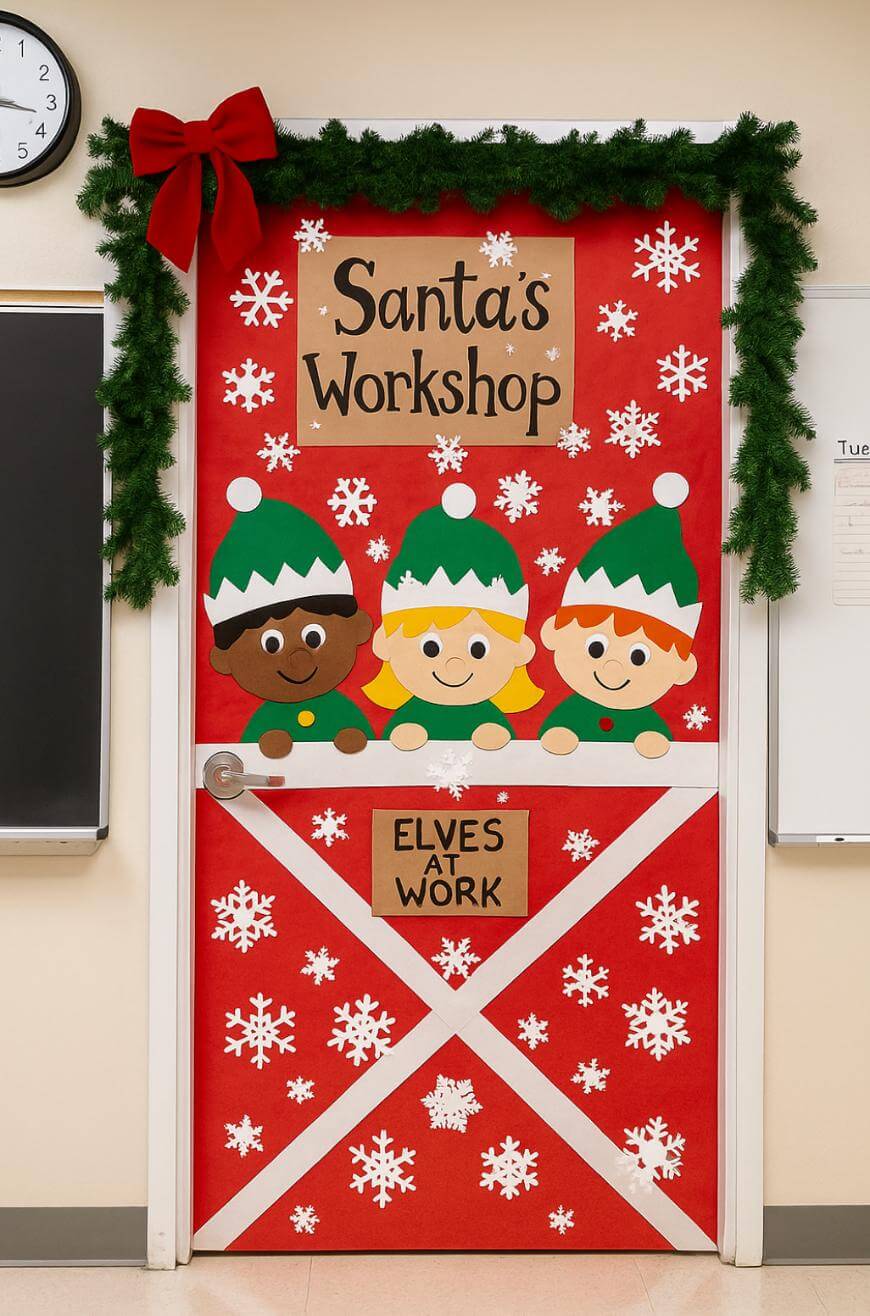 A door decorated as Santas Workshop with garland, a red bow, snowflakes, and cartoon elves. A sign says Elves at Work. The background is red with white snowflakes.