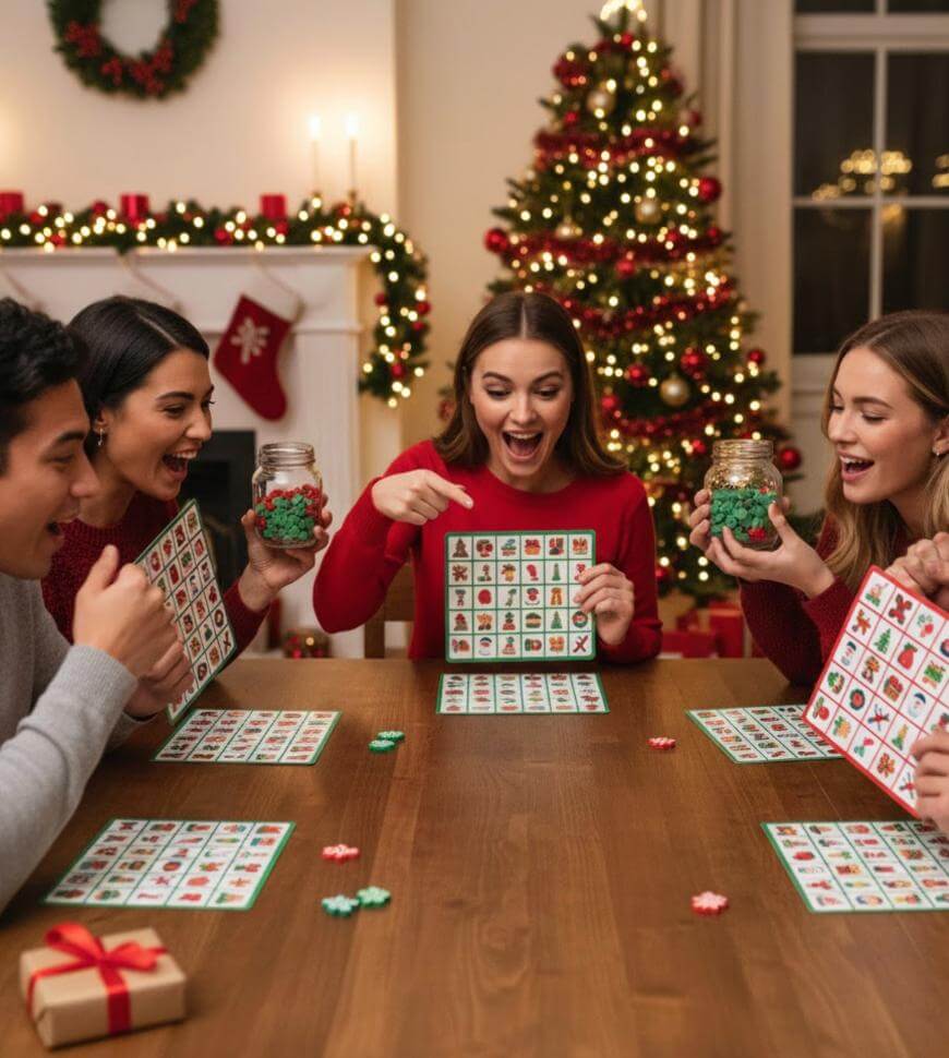 Four people sit around a table playing a festive holiday bingo game, smiling and holding jars of game pieces. A decorated Christmas tree and fireplace with lights are in the background.