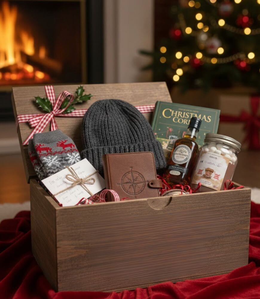 A wooden gift box filled with a gray knit hat, Christmas socks, a notebook, candy canes, a jar of marshmallows, mini bottles, and a Christmas book sits on a red blanket near a fireplace and decorated Christmas tree.