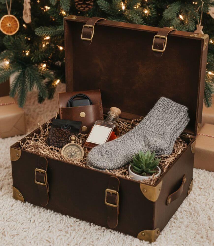 An open vintage suitcase sits on a carpet in front of a Christmas tree, filled with gray socks, a small plant, a compass, a brown wallet, a bottle, and wrapped gifts in the background.
