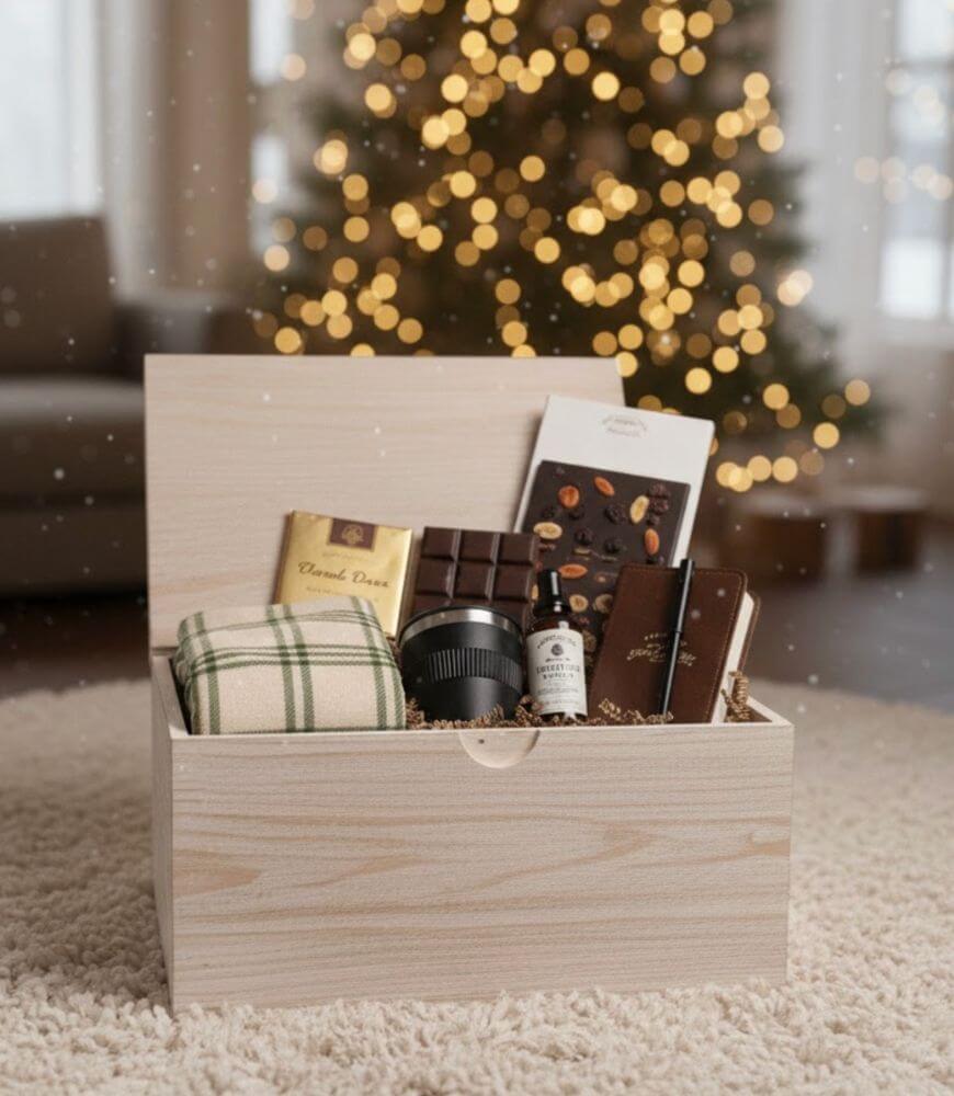 A light wooden gift box filled with chocolate bars, a candle, a green plaid cloth, and treats sits on a beige carpet with a blurred, decorated Christmas tree in the background.