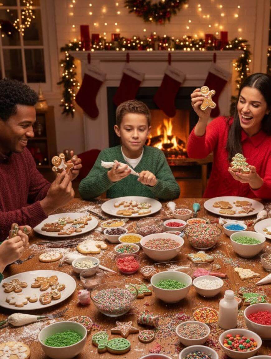 A family sits around a festive table decorating Christmas cookies with icing and sprinkles. The room is warmly lit, with stockings and lights hung over a fireplace in the background. Everyone looks happy and engaged.