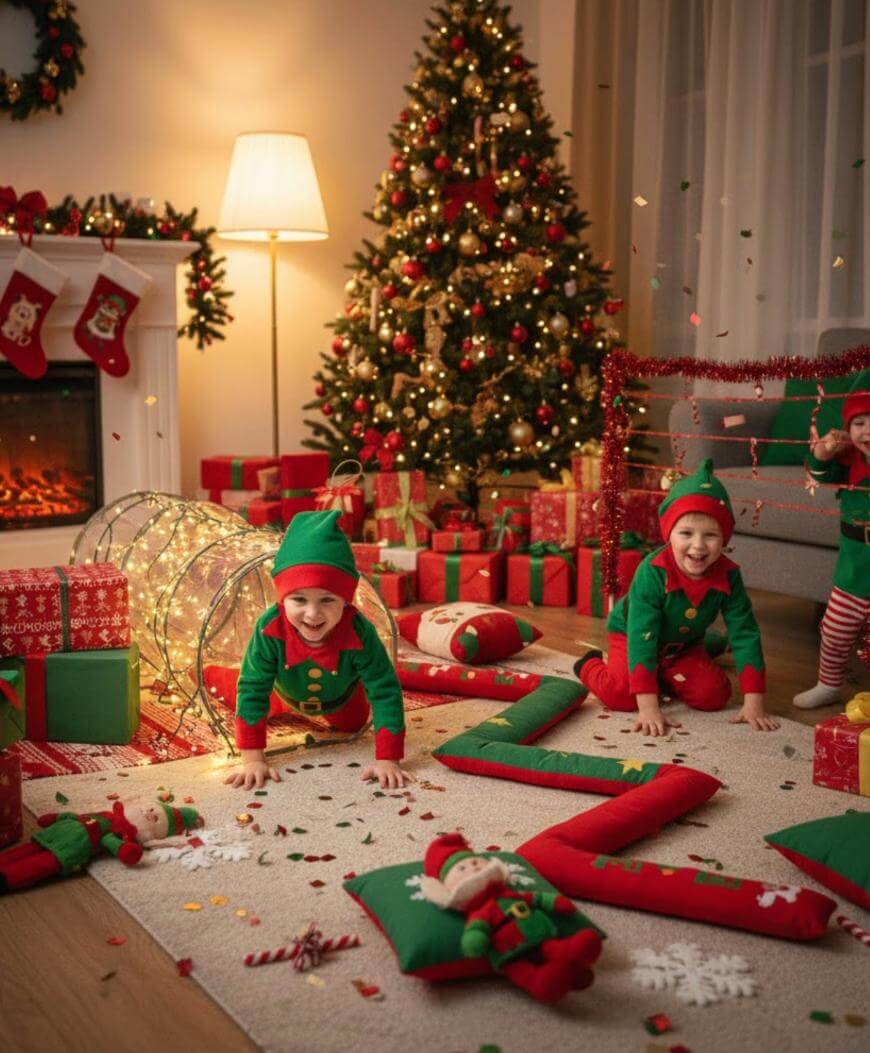 Three young children dressed as elves crawl and play on the floor amid festive decorations, gift boxes, and pillows in a cozy living room with a lit Christmas tree and stockings by the fireplace. Confetti floats in the air.