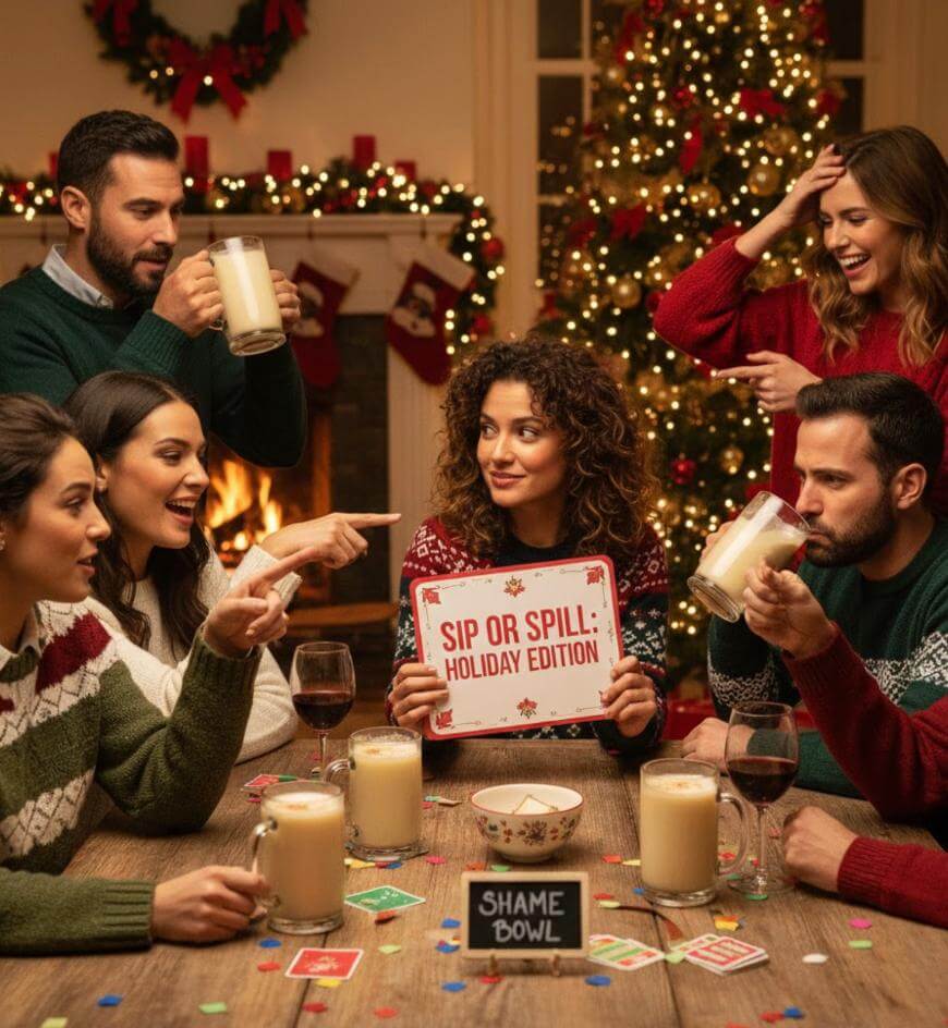 Six friends in festive sweaters play a holiday game called “Sip or Spill: Holiday Edition” around a table with drinks, cards, and a “shame bowl”; a Christmas tree and fireplace glow in the background.