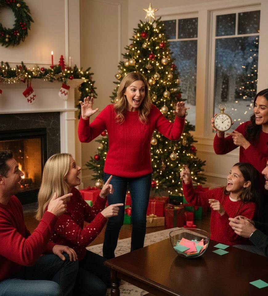 A group of people in red sweaters play a game by a Christmas tree and fireplace. One woman stands holding a timer while others excitedly point and smile. The room is decorated for the holidays.