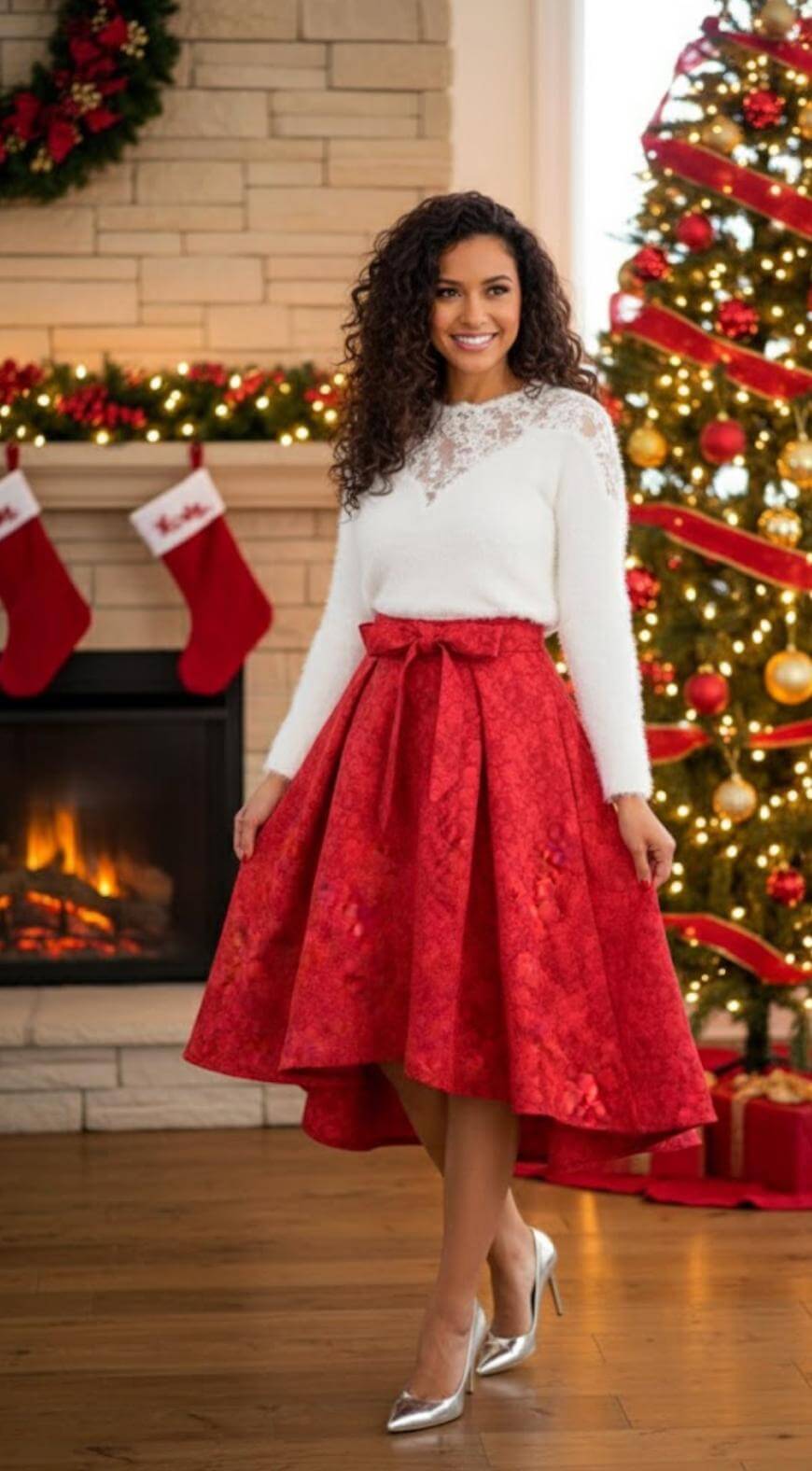 A woman with curly hair smiles in front of a decorated Christmas tree and fireplace, wearing a white long-sleeve top and a red, knee-length skirt with silver heels. Red stockings hang by the mantel.