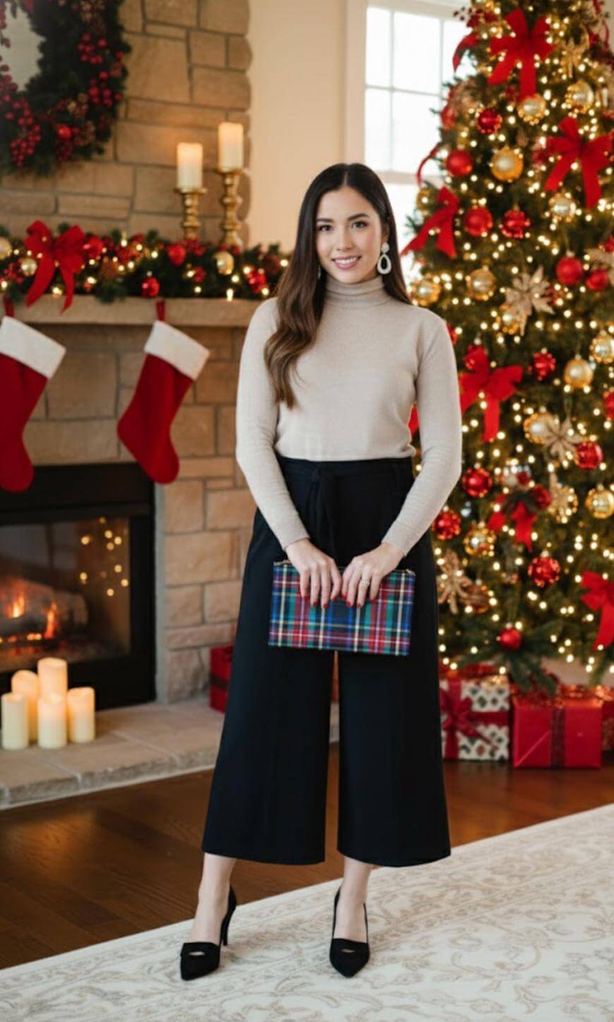 A woman stands indoors by a decorated Christmas tree and fireplace with stockings, candles, and gifts. She wears a beige turtleneck, black wide-leg pants, black heels, and holds a plaid clutch.