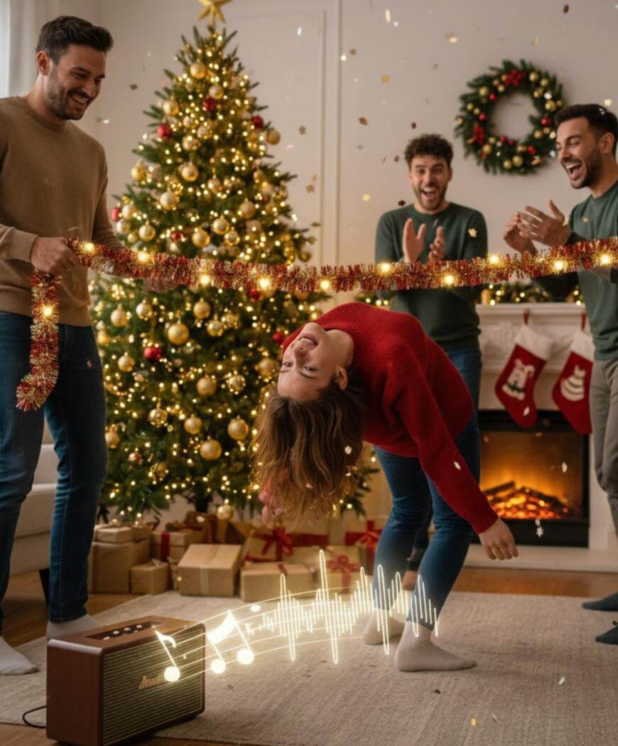 Four friends enjoy a holiday party, laughing as one bends backward to limbo under a tinsel garland. A decorated Christmas tree and stockings are in the background. Digital musical notes appear next to a speaker.