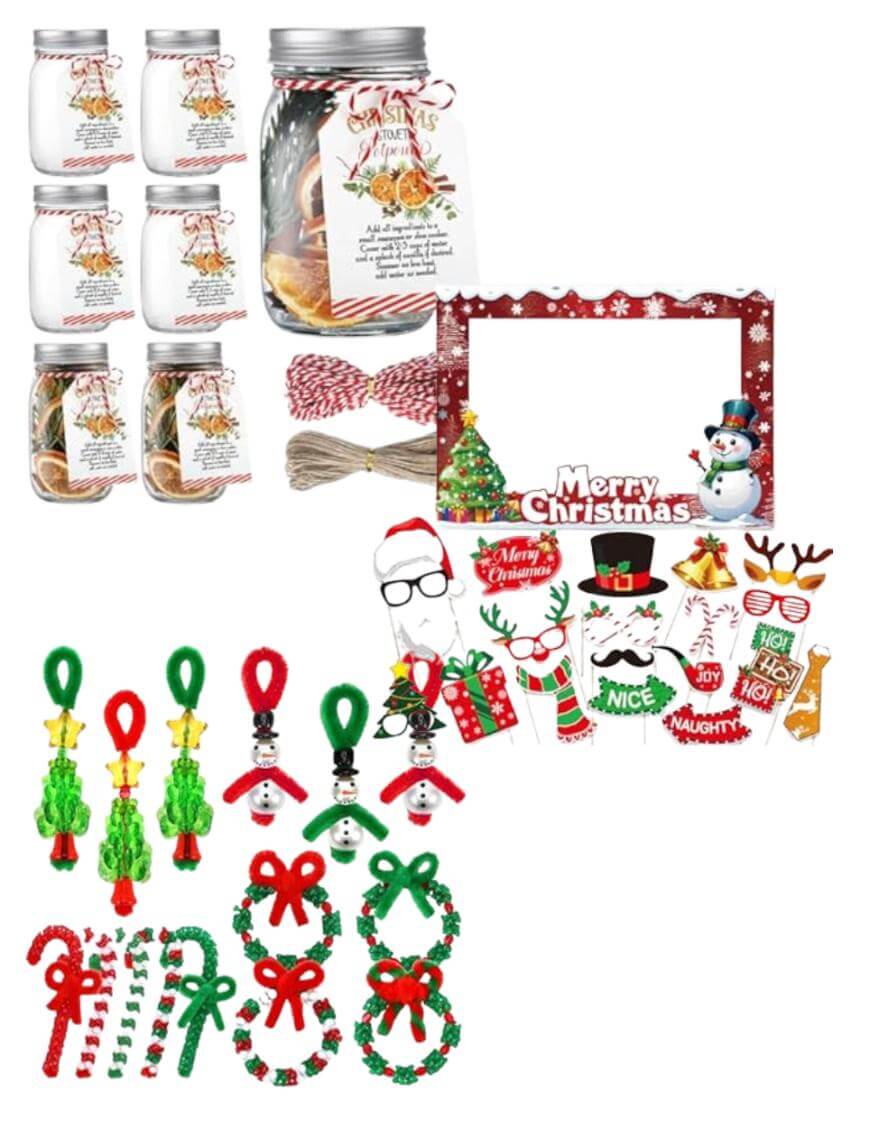 A collection of Christmas-themed items, including mason jars with festive tags, a jar of potpourri, twine, a “Merry Christmas” photo booth frame with props, and assorted Christmas ornaments made from beads and pipe cleaners.