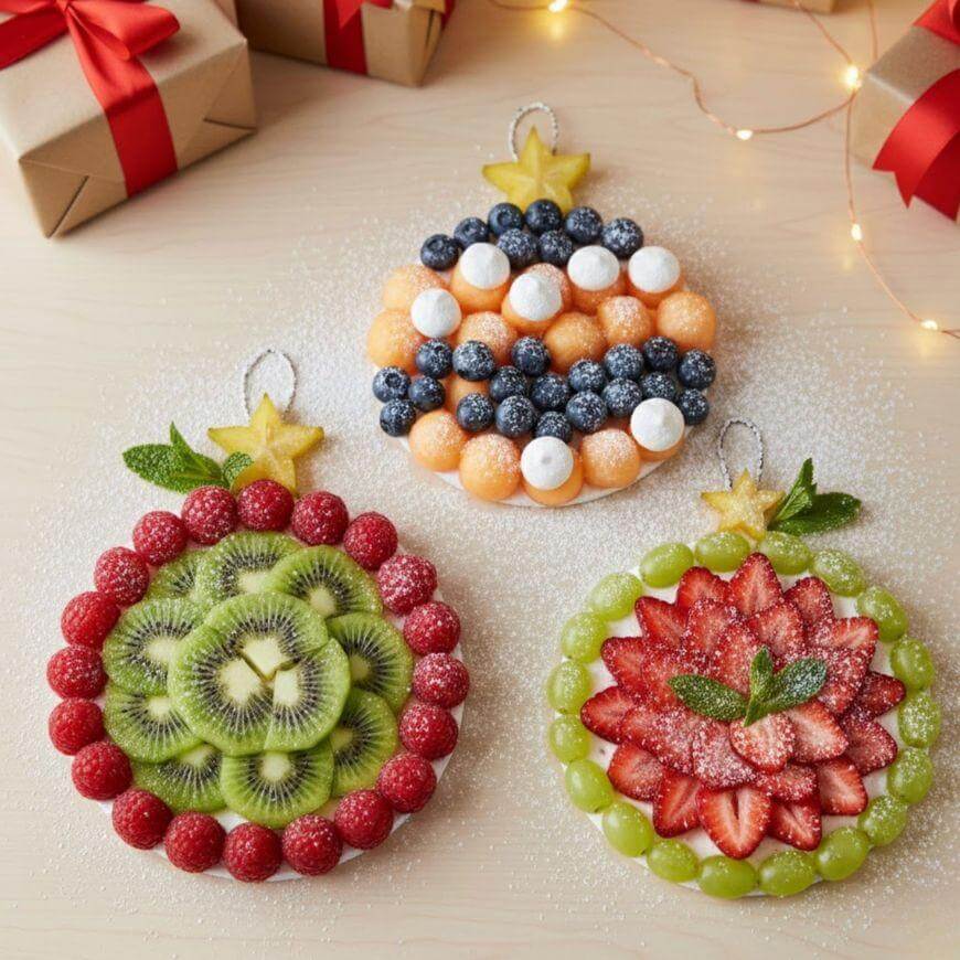 Three festive fruit tarts shaped like Christmas ornaments, decorated with berries, melon, kiwi, grapes, and mint leaves, sit on a light table near wrapped gifts and string lights.