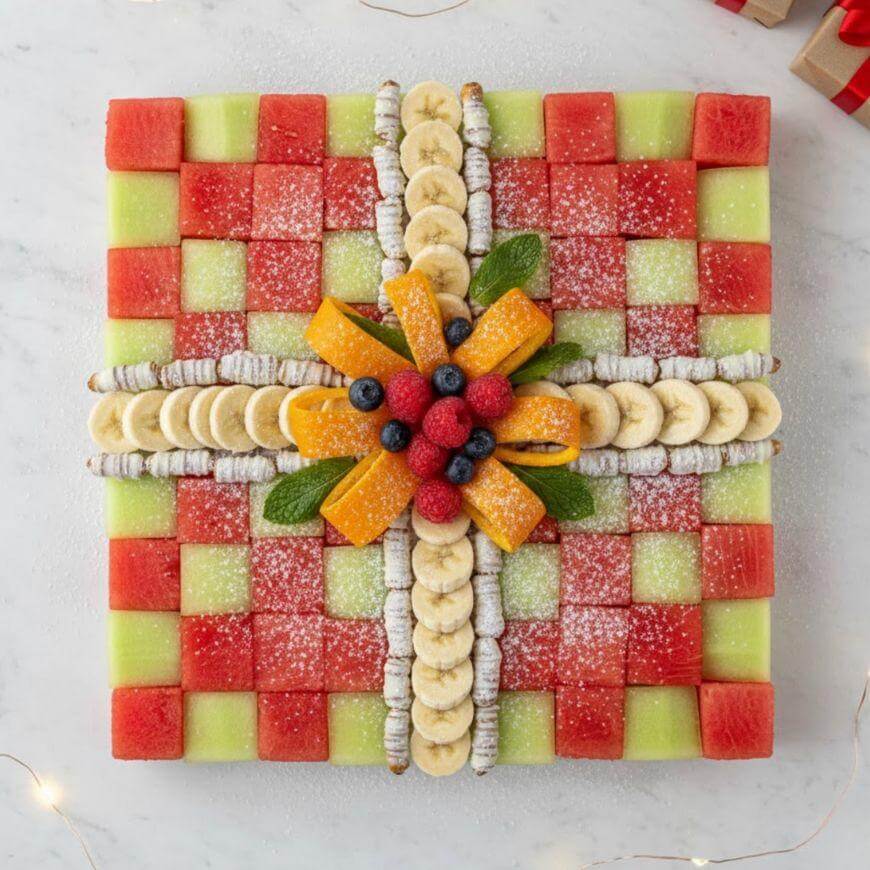 A fruit platter arranged as a gift box, with a woven pattern of watermelon and honeydew cubes, banana and pastry strips as ribbons, and assorted berries, orange slices, and mint leaves in the center, dusted with powdered sugar.