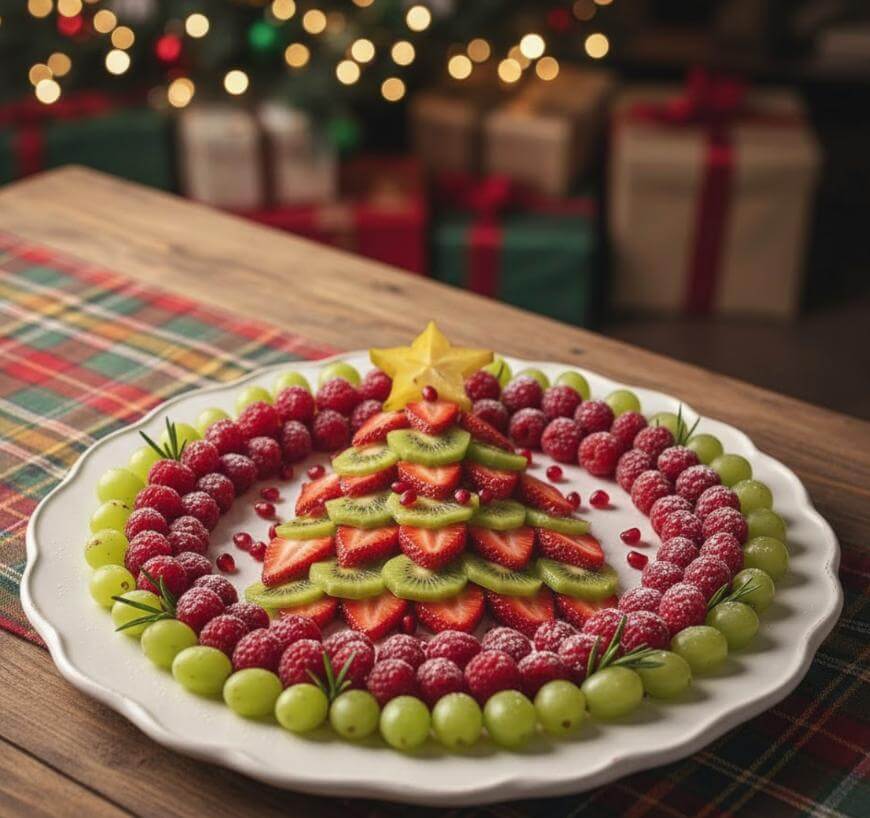 A festive fruit platter arranged in the shape of a Christmas tree using kiwi and strawberry slices, surrounded by raspberries and green grapes, with a star-shaped fruit on top. Holiday lights and wrapped gifts are in the background.