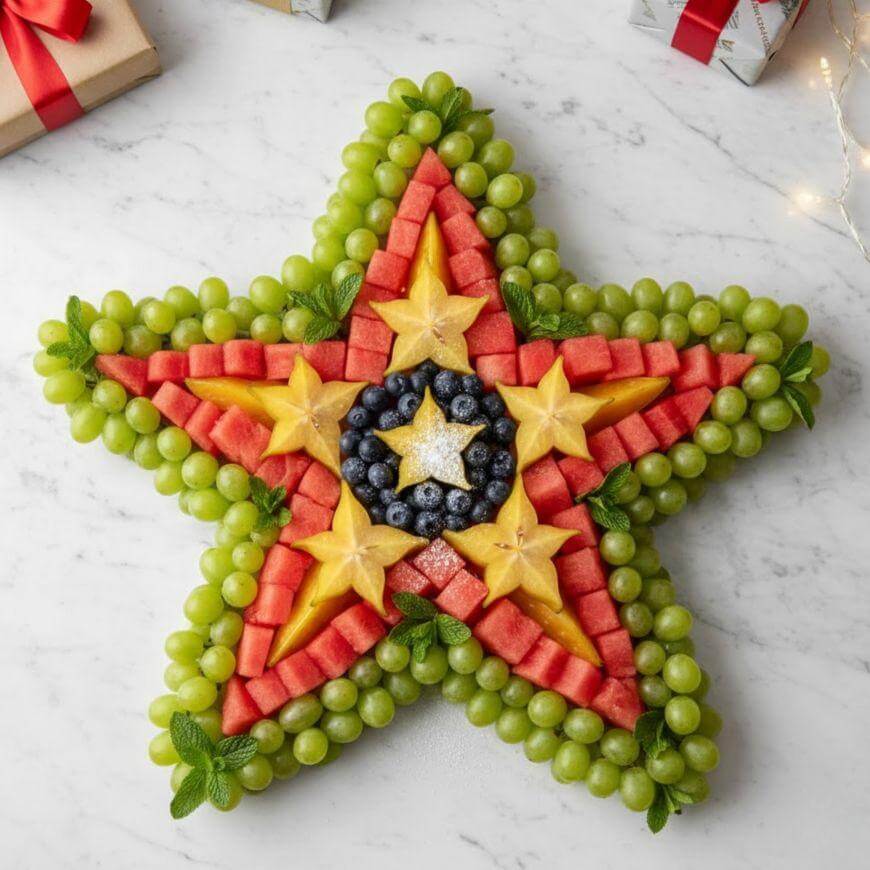 Star-shaped fruit arrangement with layers of green grapes, watermelon, cantaloupe, starfruit, and blueberries on a marble surface. Presents and string lights are visible in the background.