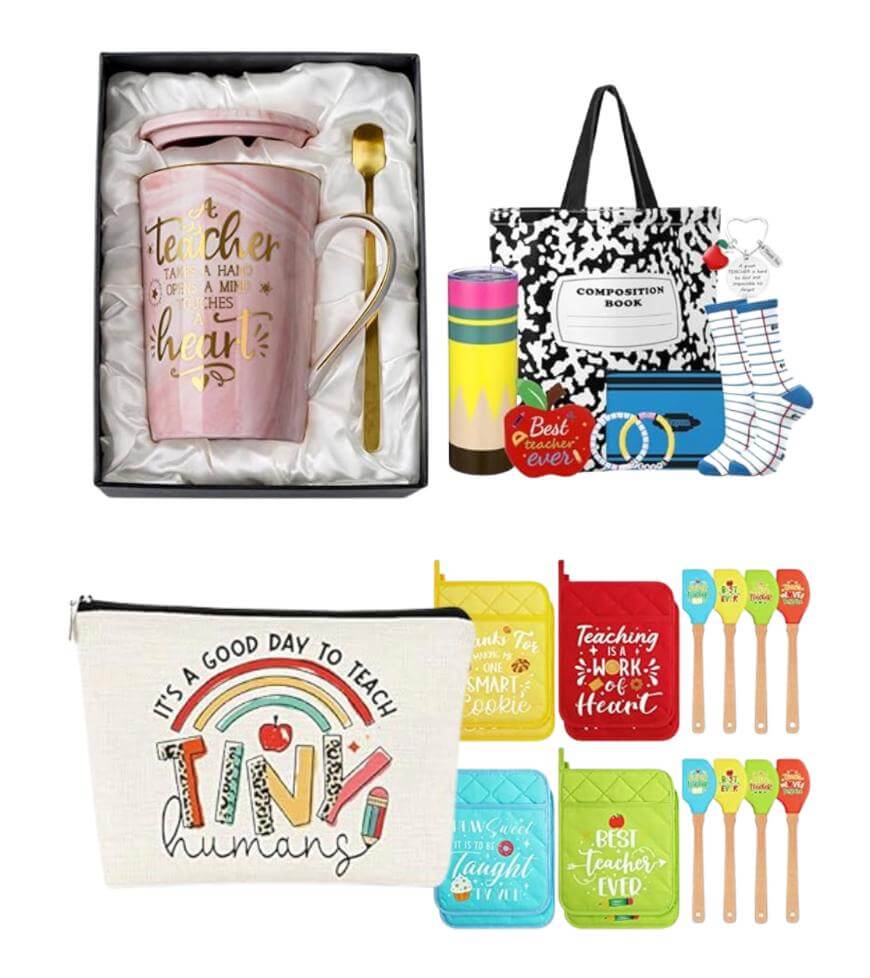 A gift set featuring a pink mug with a gold spoon, a tote bag with school supplies, a pouch with “It’s a good day to teach tiny humans,” colorful potholders, and spatulas with motivational teacher sayings.