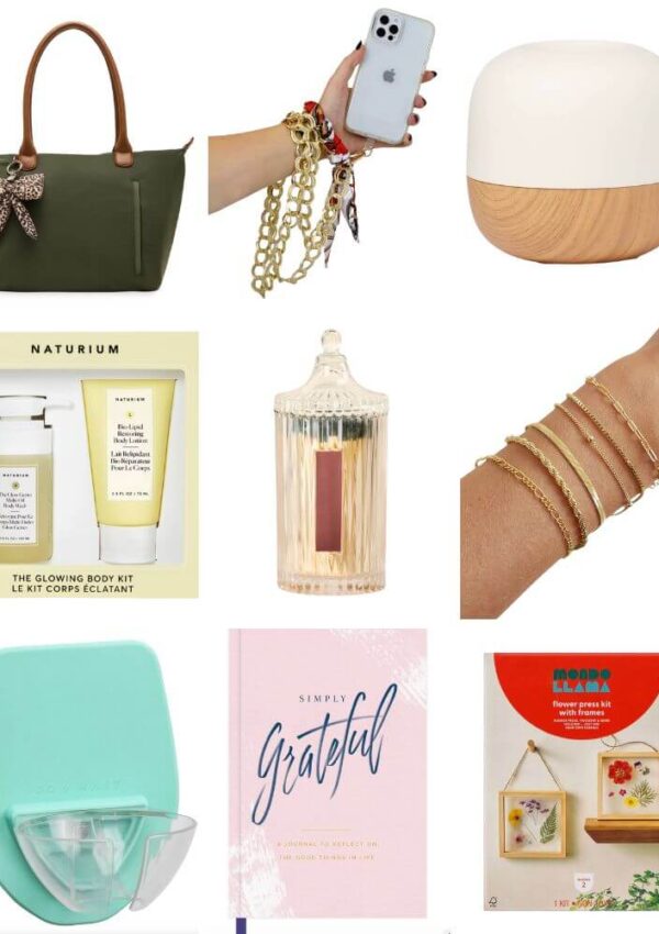 A collage of nine gift items including a tote bag, phone with beaded chain, round diffuser, body kit, decorative candle, gold bracelets, teal mask case, gratitude journal, and wall hanging kit.