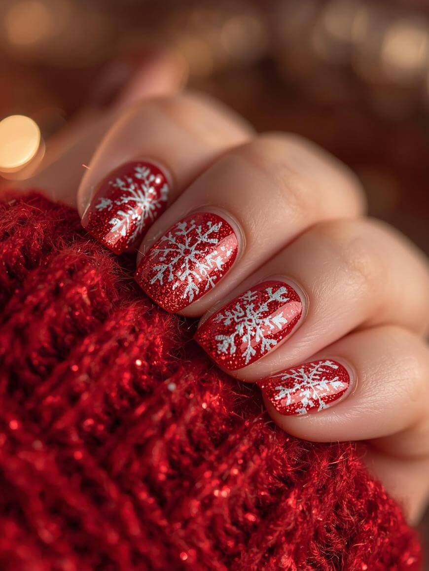 A hand with red glittery nail polish featuring white snowflake designs on each nail, holding a textured red knitted fabric, creating a festive, winter-themed look.