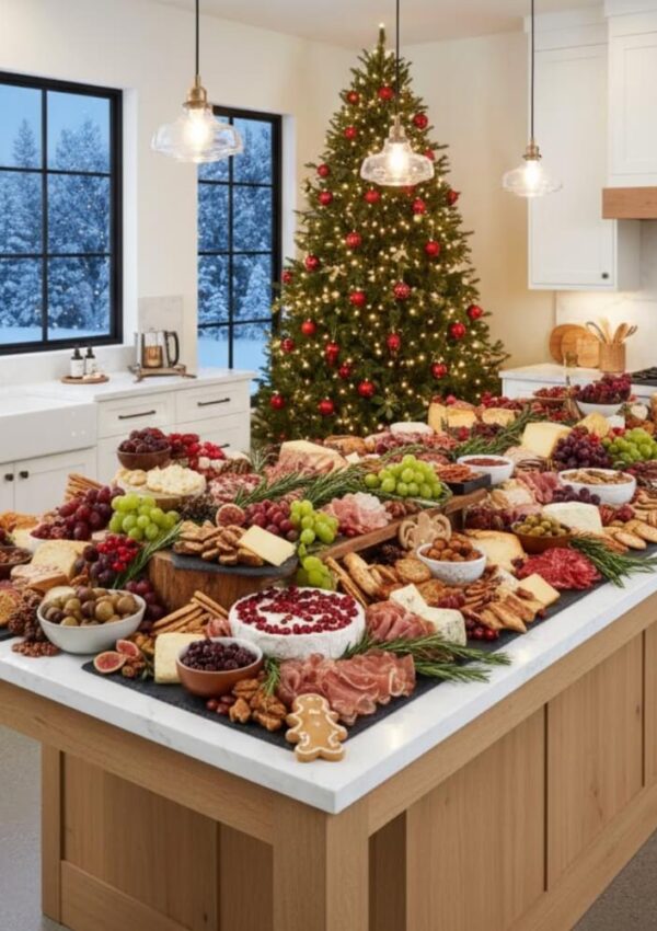 A large kitchen island covered with an elaborate holiday charcuterie spread, including meats, cheeses, fruits, nuts, and cookies. Behind it stands a decorated Christmas tree and snowy windows, creating a festive atmosphere.