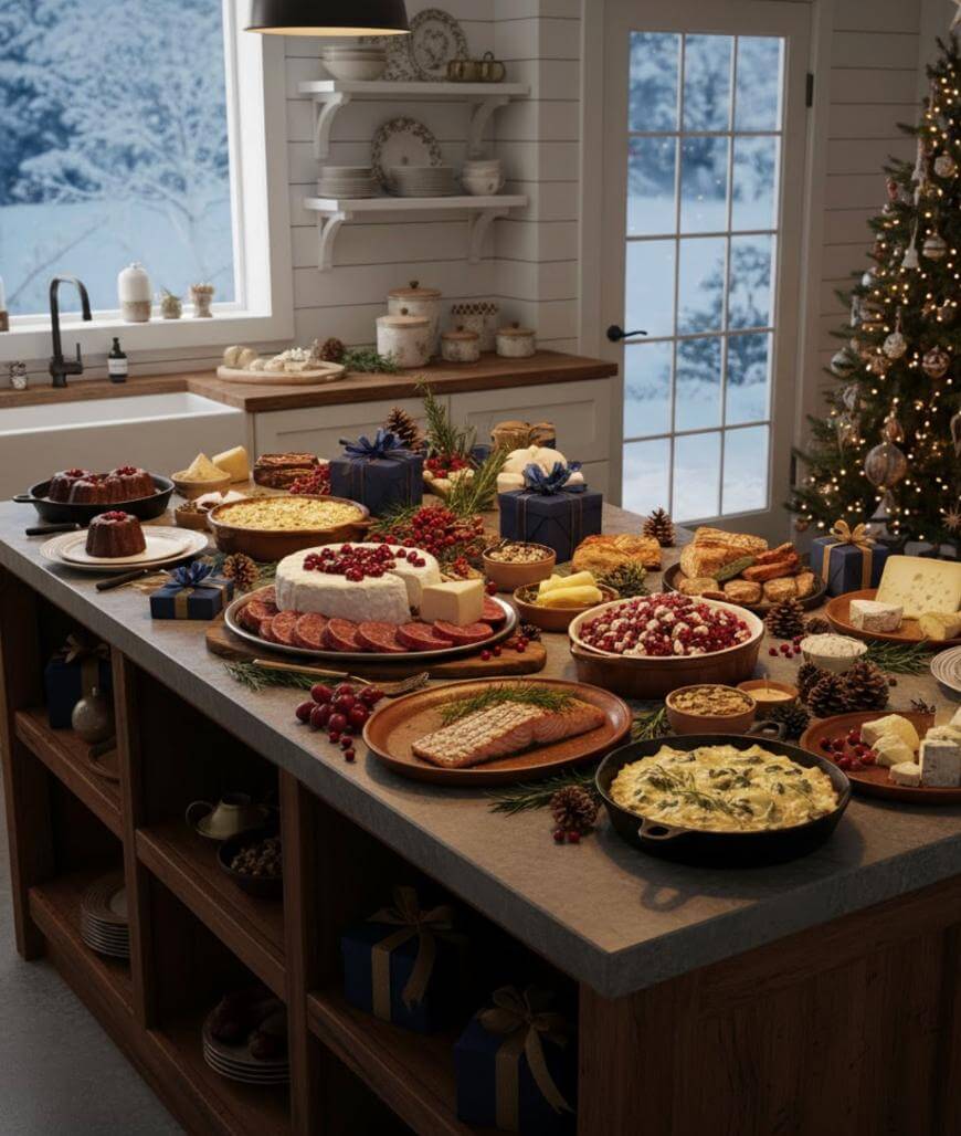 A kitchen with a snowy outdoor view and Christmas tree, featuring a countertop filled with assorted holiday foods, cheeses, desserts, charcuterie, and wrapped gifts.