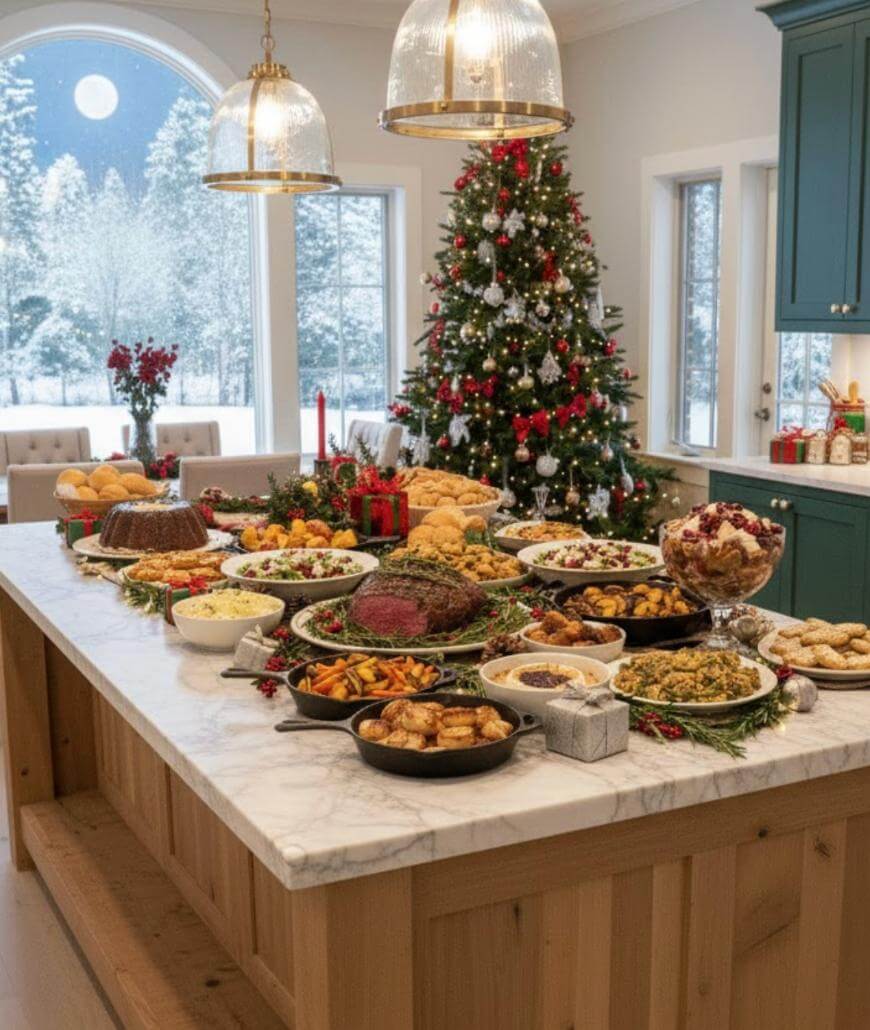 A kitchen island covered with various holiday dishes, including roast beef, vegetables, casseroles, and desserts. A decorated Christmas tree and snowy landscape are visible through the windows in the background.