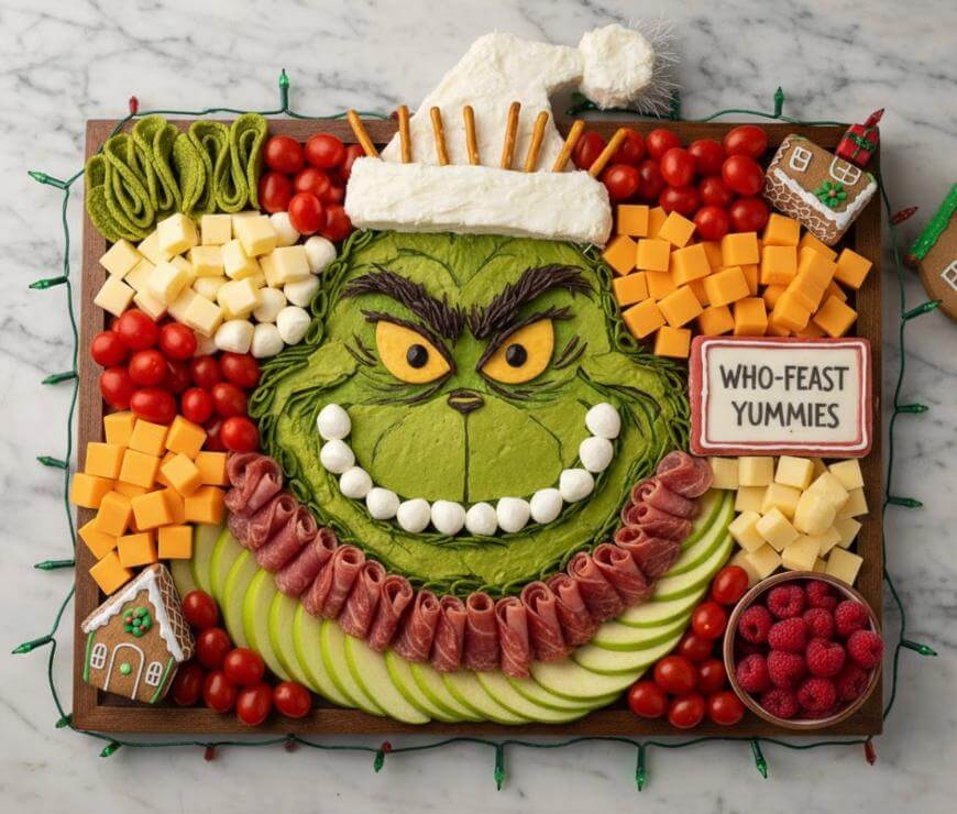 Charcuterie board arranged as the Grinch’s face, with green dip, cheese cubes, meats, apple slices, cherry tomatoes, cookies, raspberries, and a sign reading “WHO-FEAST YUMMIES,” all decorated festively.