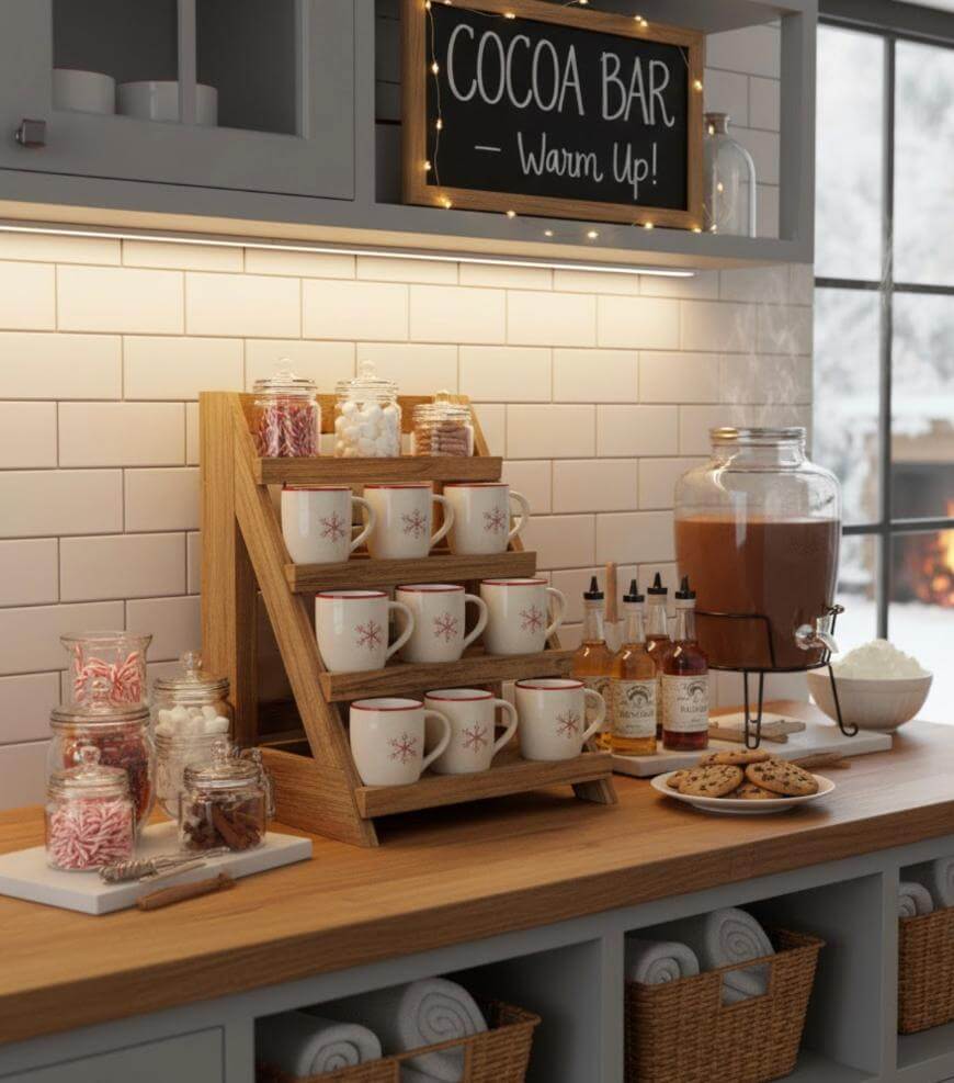 A cozy kitchen cocoa bar setup with mugs, jars of marshmallows and candy canes, bottles of syrup, a large cocoa dispenser, and a plate of cookies on a wooden counter. A “Cocoa Bar - Warm Up!” sign hangs above.