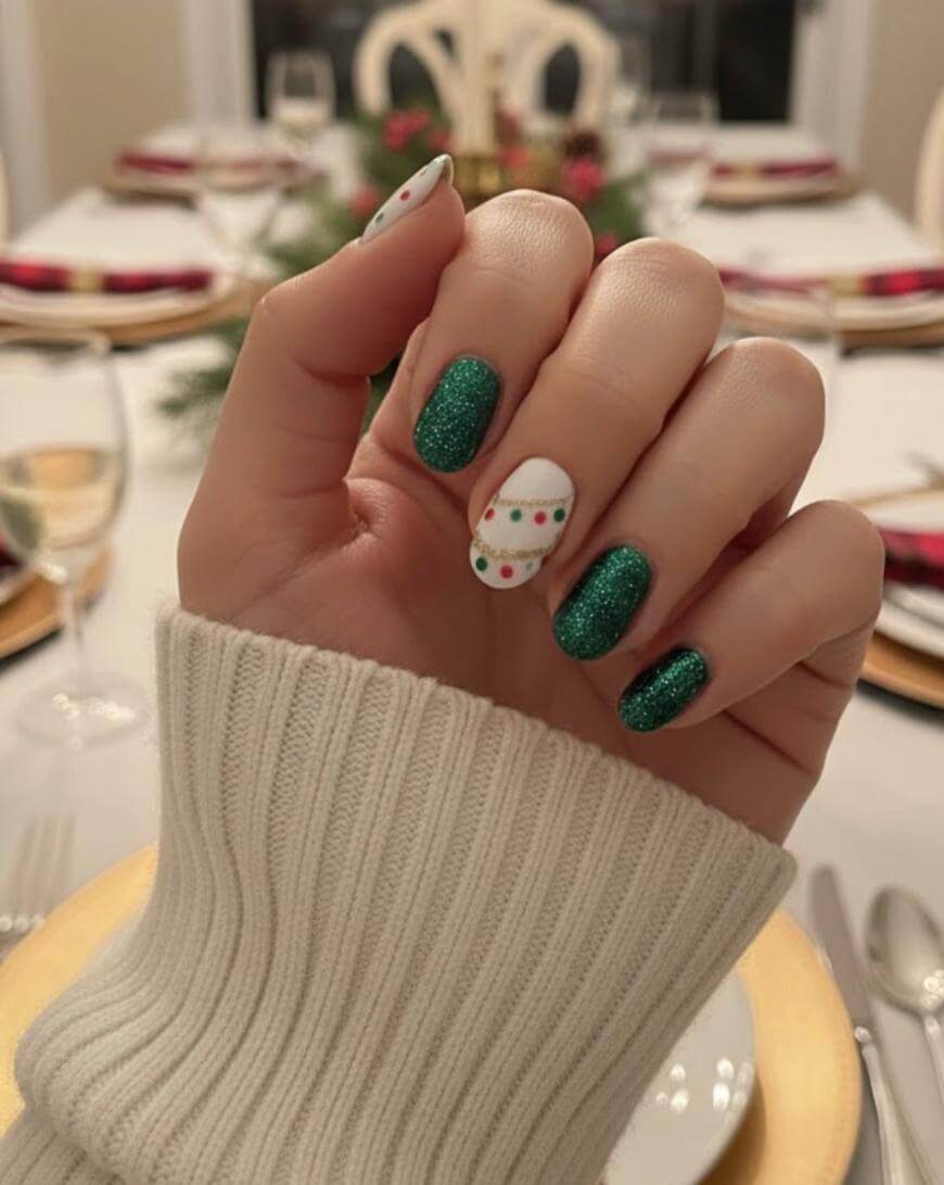 A hand with festive holiday nail art: three nails painted sparkly green and two white nails decorated with colorful dots and lines, posed above an elegant, set dinner table. The person wears a cream ribbed sweater.