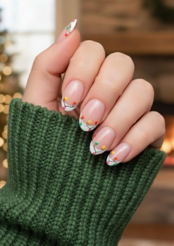 A hand with manicured nails featuring Christmas light designs holds up near a cozy fireplace. The person wears a green knit sweater, and a decorated Christmas tree is blurred in the background.