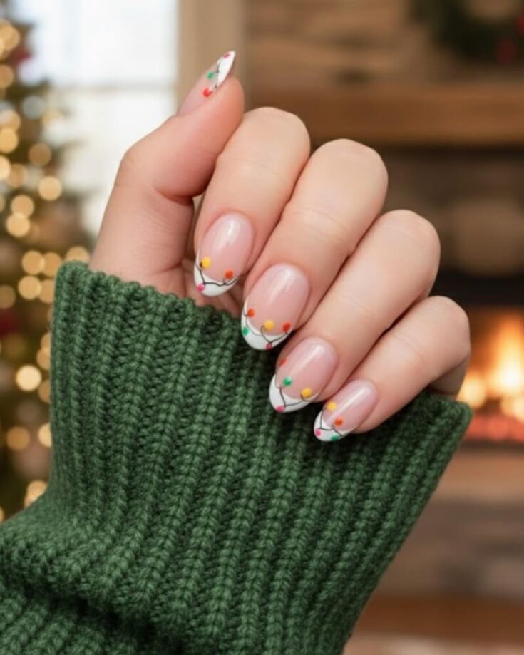 A hand with manicured nails featuring Christmas light designs holds up near a cozy fireplace. The person wears a green knit sweater, and a decorated Christmas tree is blurred in the background.