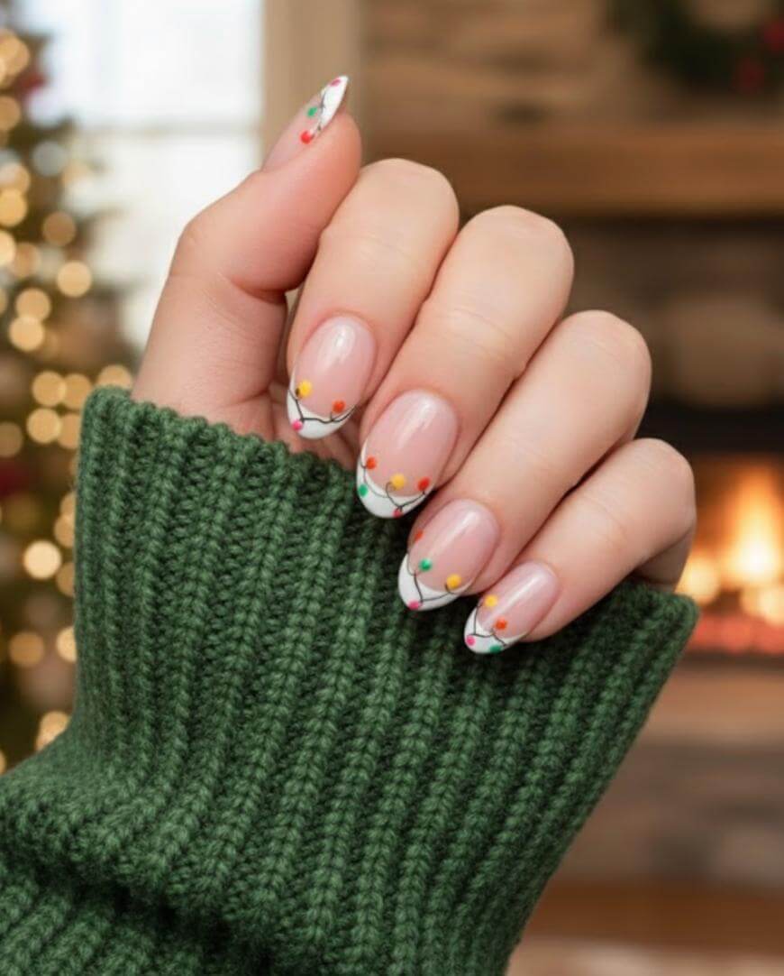 A hand with nude nails decorated with colorful Christmas light designs on the tips, wearing a green knitted sweater. A blurred Christmas tree and fireplace are in the background.