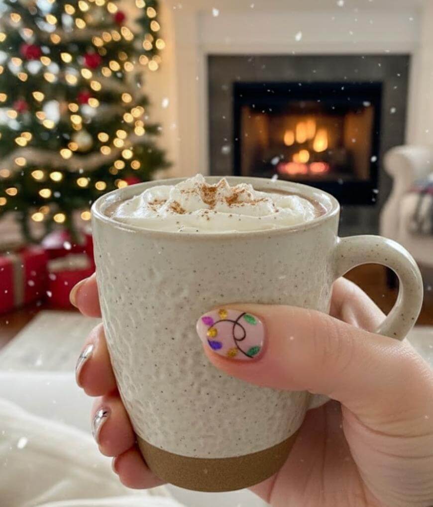 A hand with festive nail art holds a mug of whipped-topped hot drink. In the background, a decorated Christmas tree and a lit fireplace create a cozy holiday atmosphere, with snow gently falling.