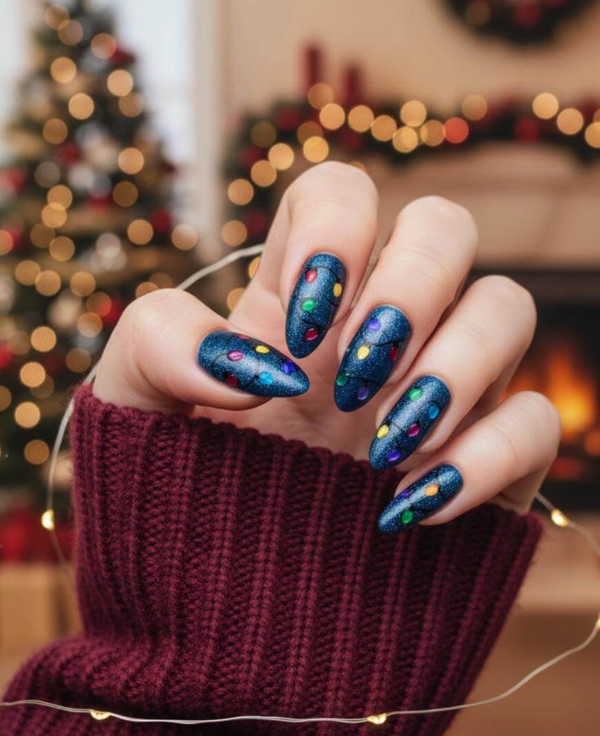 A hand with long, blue glittery nails decorated with colorful Christmas lights designs, wearing a maroon sweater. A blurred Christmas tree and festive lights are visible in the cozy background.
