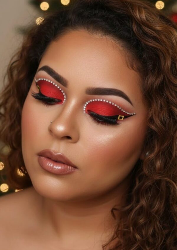 A woman with curly hair wears bold red eyeshadow, dramatic eyeliner, rhinestones outlining her eyelids, and a small gold embellishment near the outer corner. Her makeup is flawless and glowy, with nude lips and contoured cheeks.