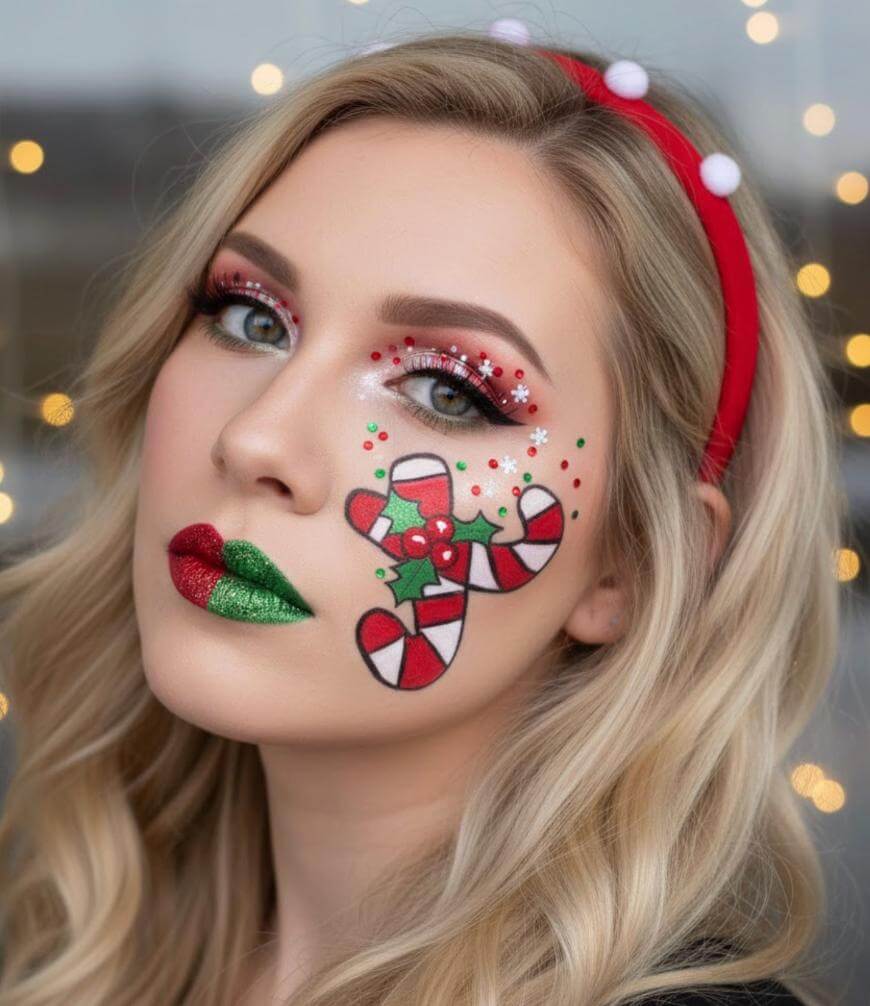 A woman with long blonde hair wears red and white holiday makeup, featuring green and red lipstick, candy cane face paint on her cheek, festive eye makeup, and a red headband with white pom-poms. Blurred lights are in the background.