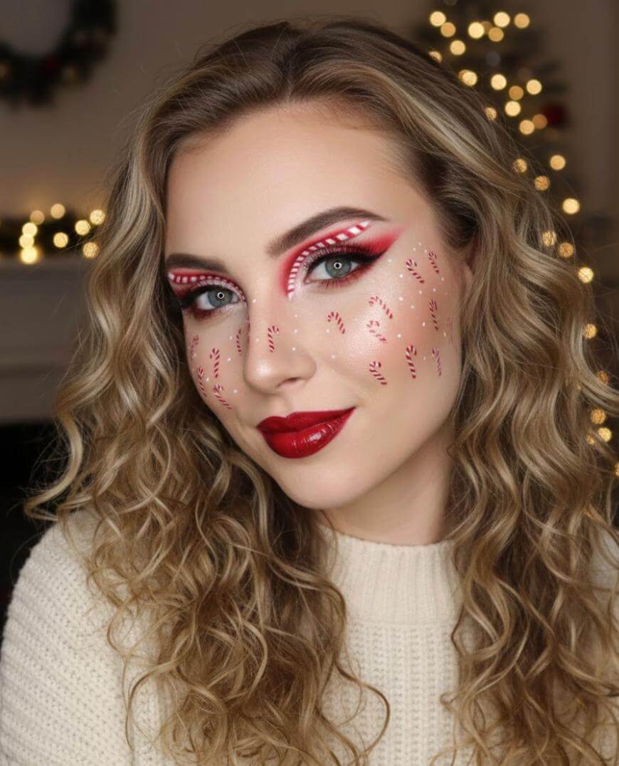 A woman with curly blonde hair wears festive makeup featuring red and white candy cane designs around her eyes and cheeks, bold red lipstick, and a cream sweater. Holiday lights and a decorated tree are blurred in the background.