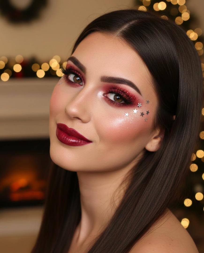 A woman with long brown hair and bold red makeup poses in front of blurred holiday lights. She has shimmering eye shadow, glossy lipstick, glowing cheeks, and silver star stickers on her face, creating a festive look.