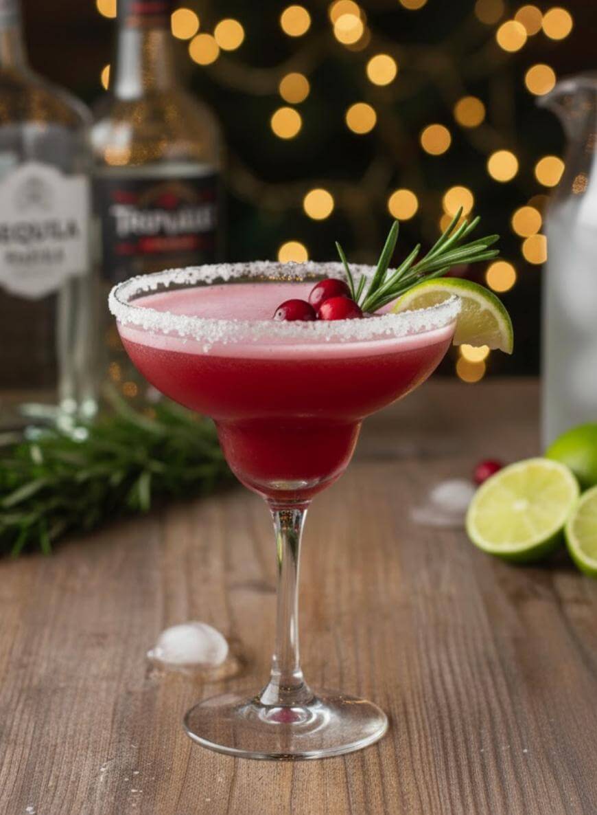 A cranberry margarita in a salt-rimmed glass, garnished with cranberries, a lime wedge, and rosemary. Bottles, limes, and festive lights appear in the blurred background on a wooden surface.