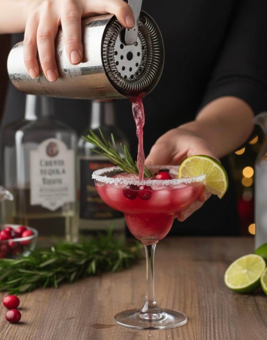 A person pours a pink cocktail from a shaker into a margarita glass garnished with cranberries, rosemary, and a lime slice. Bottles and cocktail ingredients are visible in the background on a wooden surface.