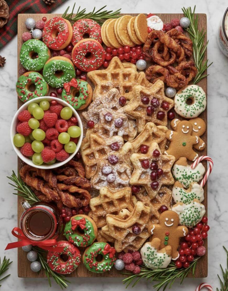 A festive platter with star-shaped waffles, mini donuts, frosted cookies, gingerbread men, pretzels, berries, grapes, and a bowl of chocolate sauce, all garnished with rosemary and red berries.