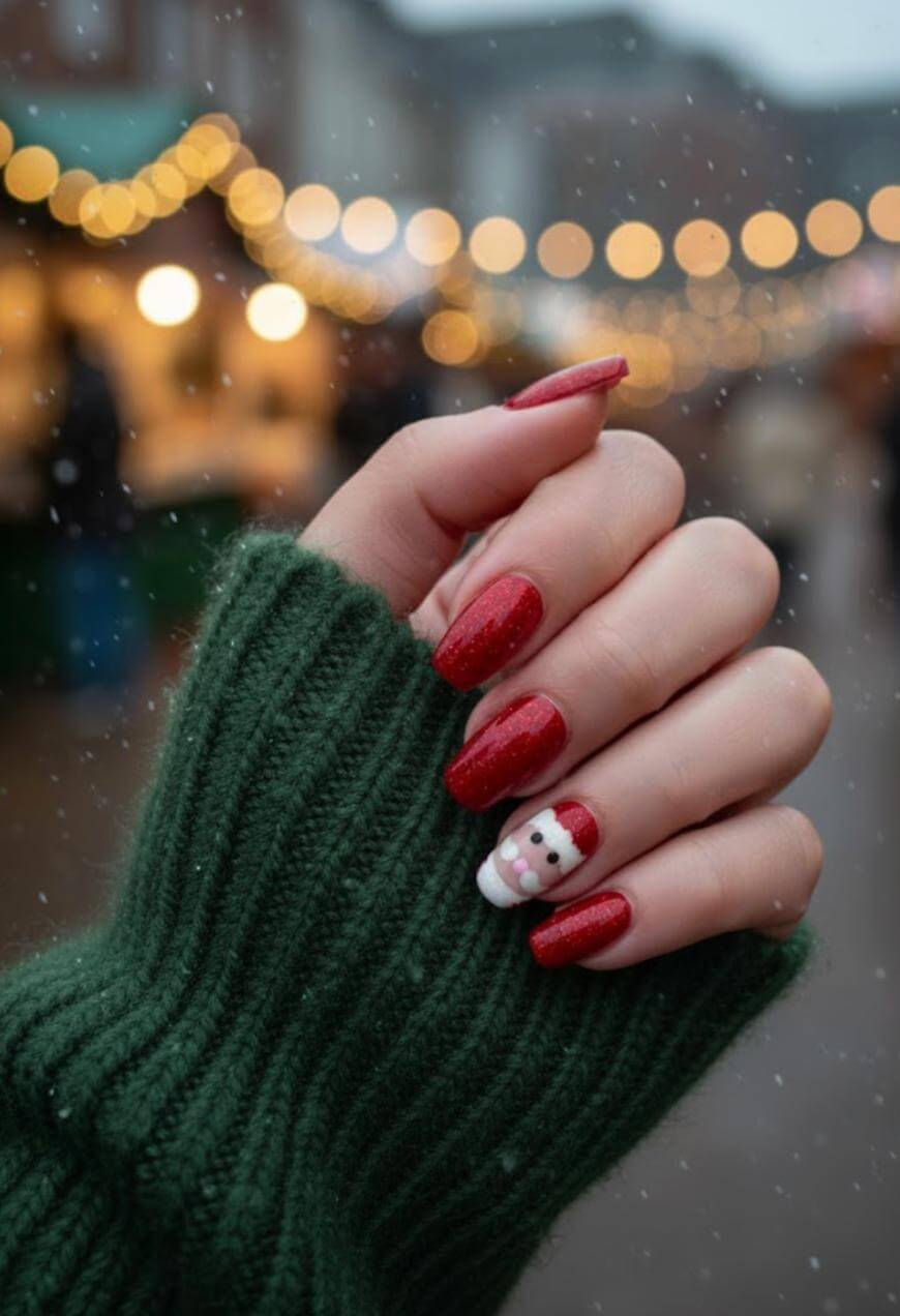 A hand with red glittery Christmas-themed nails, including one nail with a Santa Claus design, is shown in front of blurred festive lights. The hand is wearing a green knit sweater, and snow is gently falling.