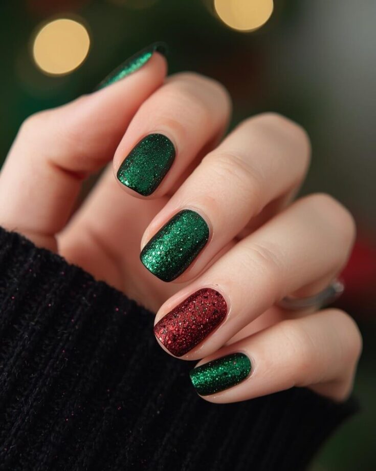 A hand with short nails painted in sparkly green polish, except the ring finger, which is painted in sparkly red. The person is wearing a black ribbed sweater.