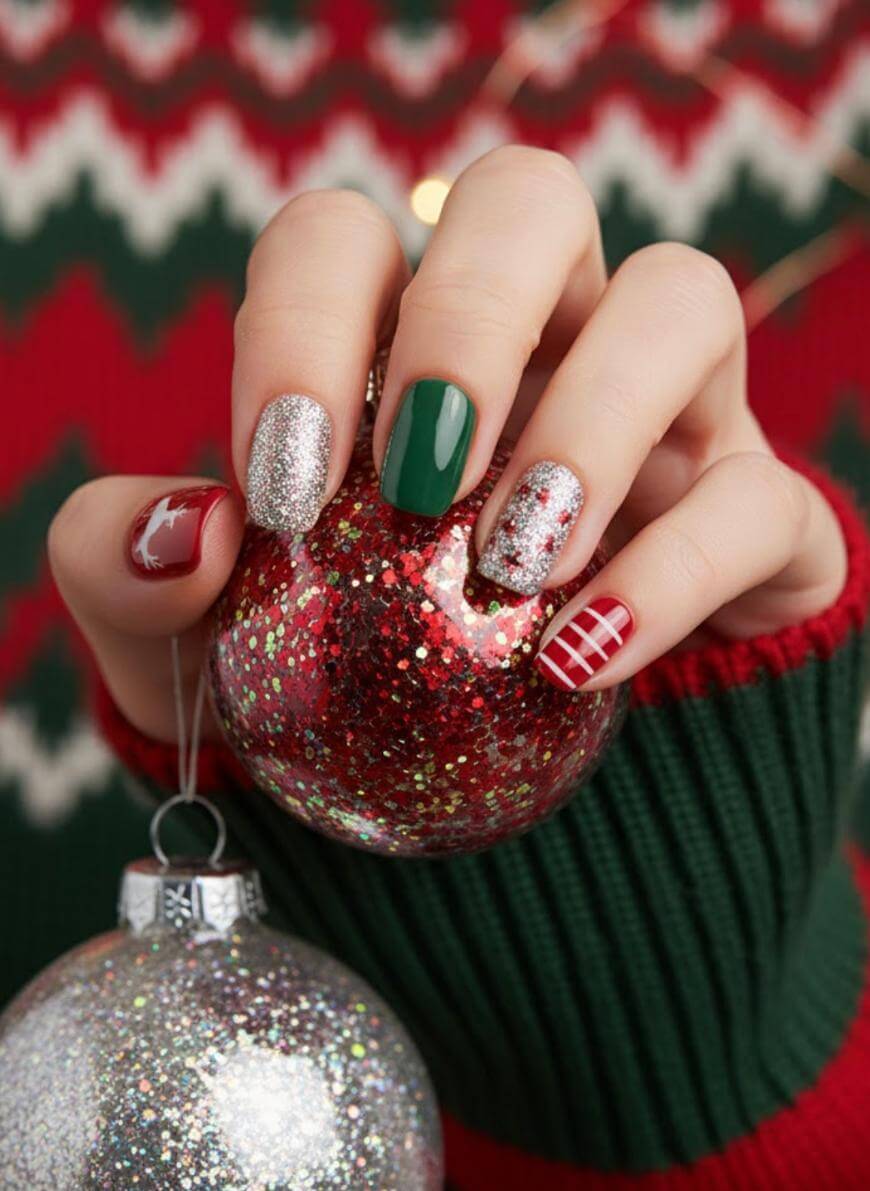 A hand with festive nail art—red, green, silver glitter, and a white reindeer design—holds a red glittery Christmas ornament. The person wears a red, green, and white holiday sweater.