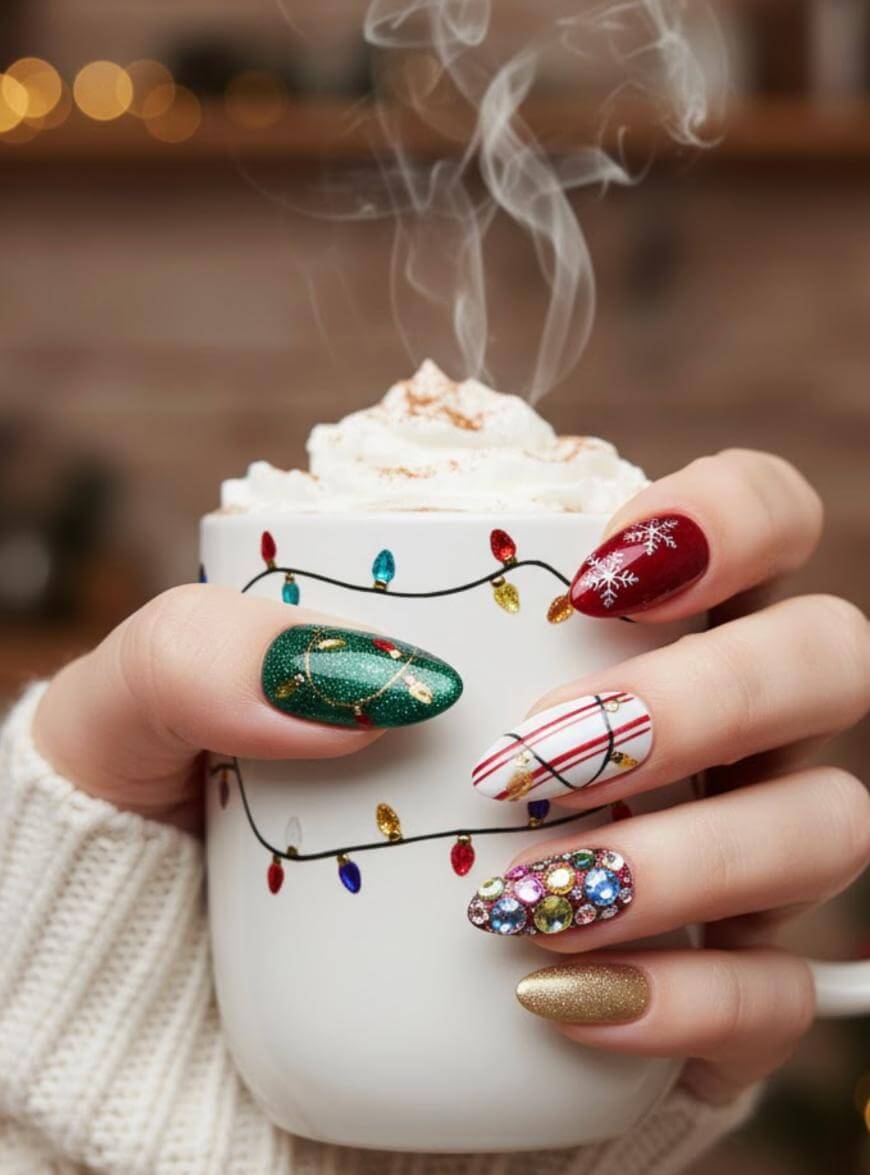 A hand with festive holiday-themed nail art holds a white mug decorated with colorful Christmas lights. The mug is filled with a steaming hot drink topped with whipped cream and cinnamon.