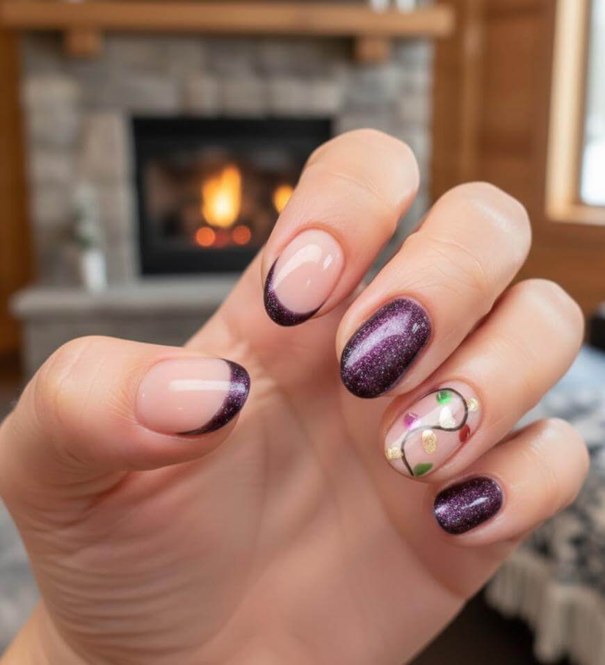 A hand with manicured nails featuring deep purple French tips, glittery purple polish, and an accent nail with floral nail art, held up in front of a cozy fireplace in a warmly lit room.
