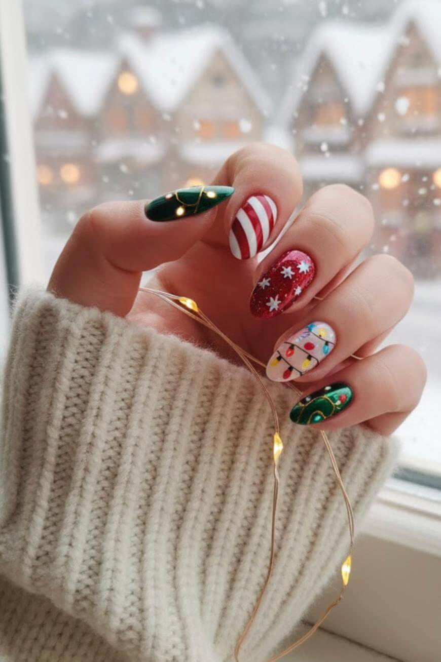 A hand with festive Christmas-themed nail art, including designs like candy cane stripes, snowflakes, a snowman, and Christmas lights, holding a string of fairy lights. Snowy houses are visible outside the window in the background.