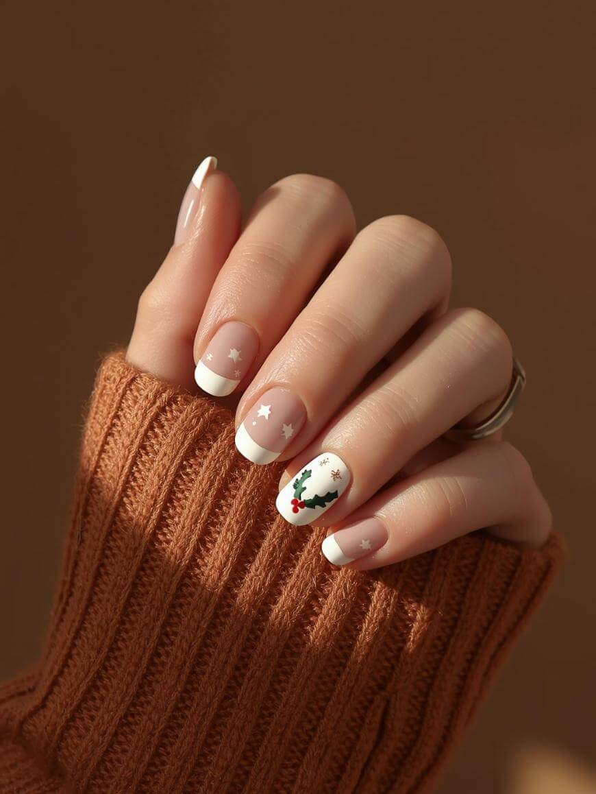 A hand with a French manicure, featuring white tips and small star designs, with one nail decorated with holly and berries. The hand is in a brown ribbed sweater against a brown background.