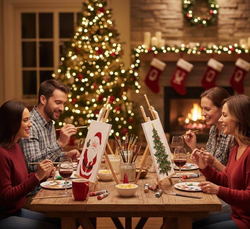 Four people sit around a table painting Christmas-themed canvases, smiling and enjoying drinks. A decorated Christmas tree and stockings by a fireplace with holiday lights are in the background.